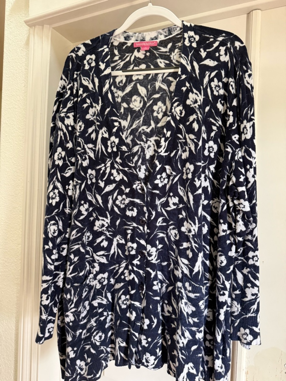 Woman Within Navy and White Floral Cardigan